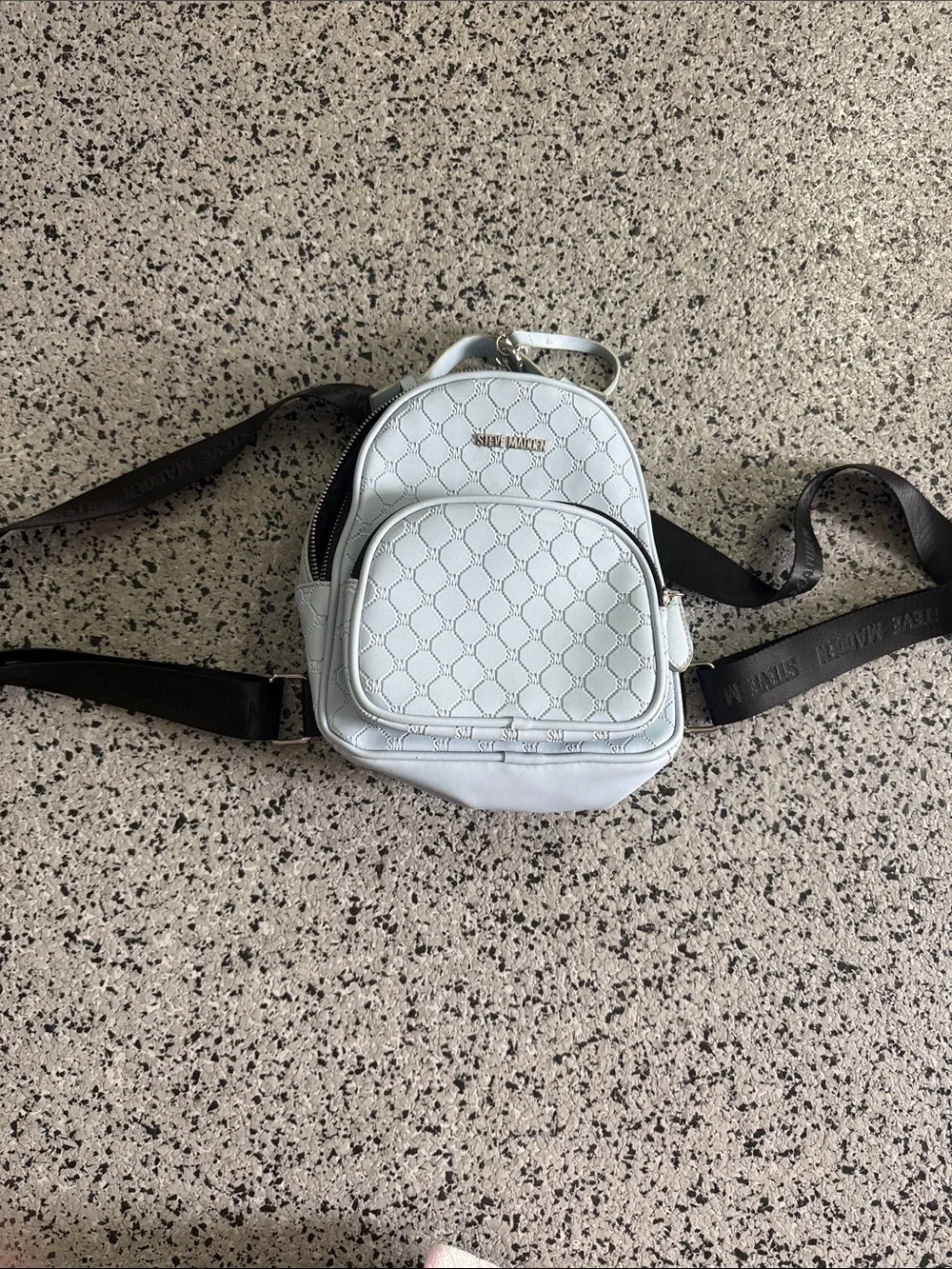 Steve Madden Quilted Mini Backpack - Pale Blue with Black Straps
